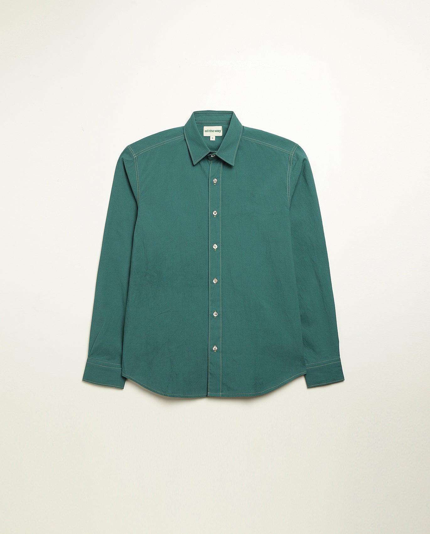 Organic cotton shirt naturally dyed in old forest green, front view, midweight