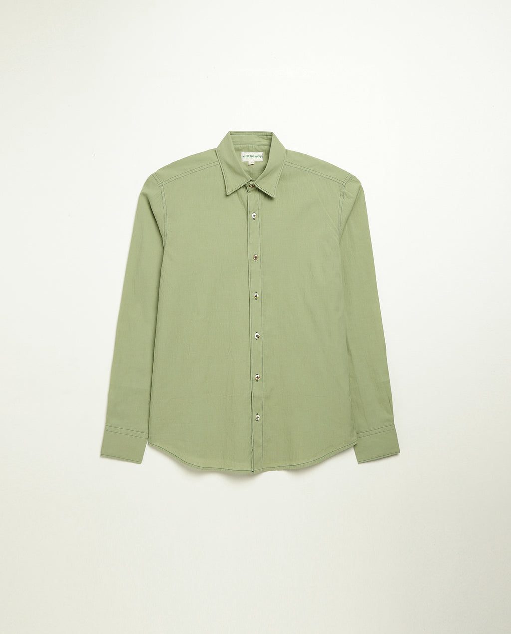 Organic cotton shirt naturally dyed in unripe olive, front view, lightweight