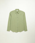 Organic cotton shirt naturally dyed in unripe olive, front view, lightweight