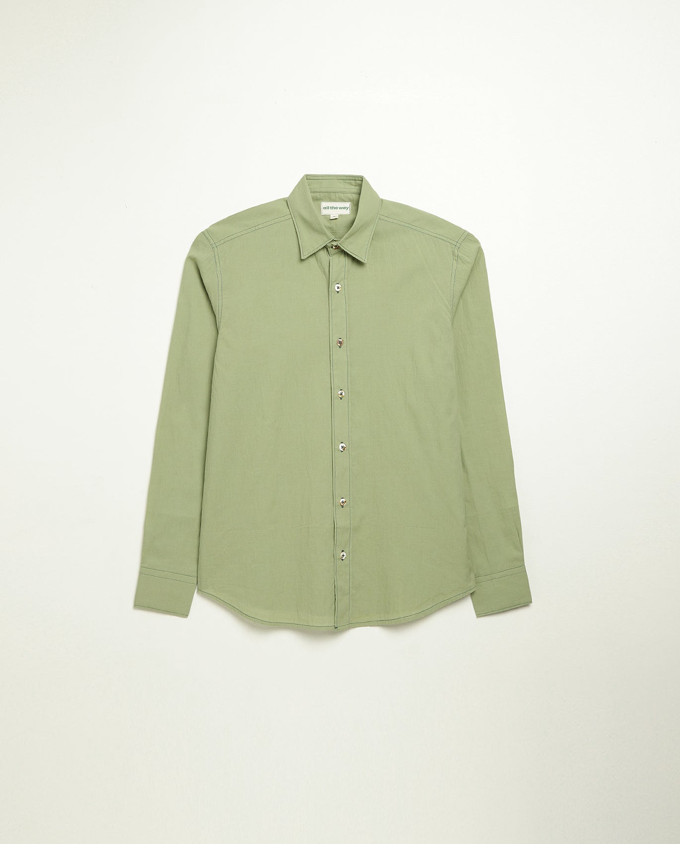 Organic cotton shirt naturally dyed in unripe olive, front view, lightweight