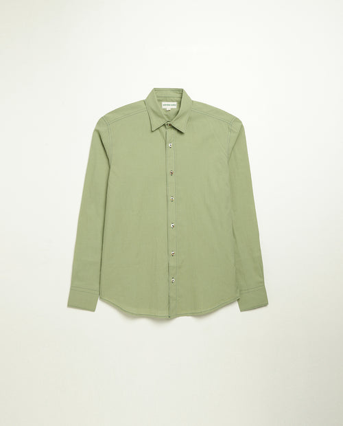 Organic cotton shirt naturally dyed in unripe olive, front view, lightweight