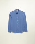 Organic cotton shirt naturally dyed in quiet blue, front view, lightweight