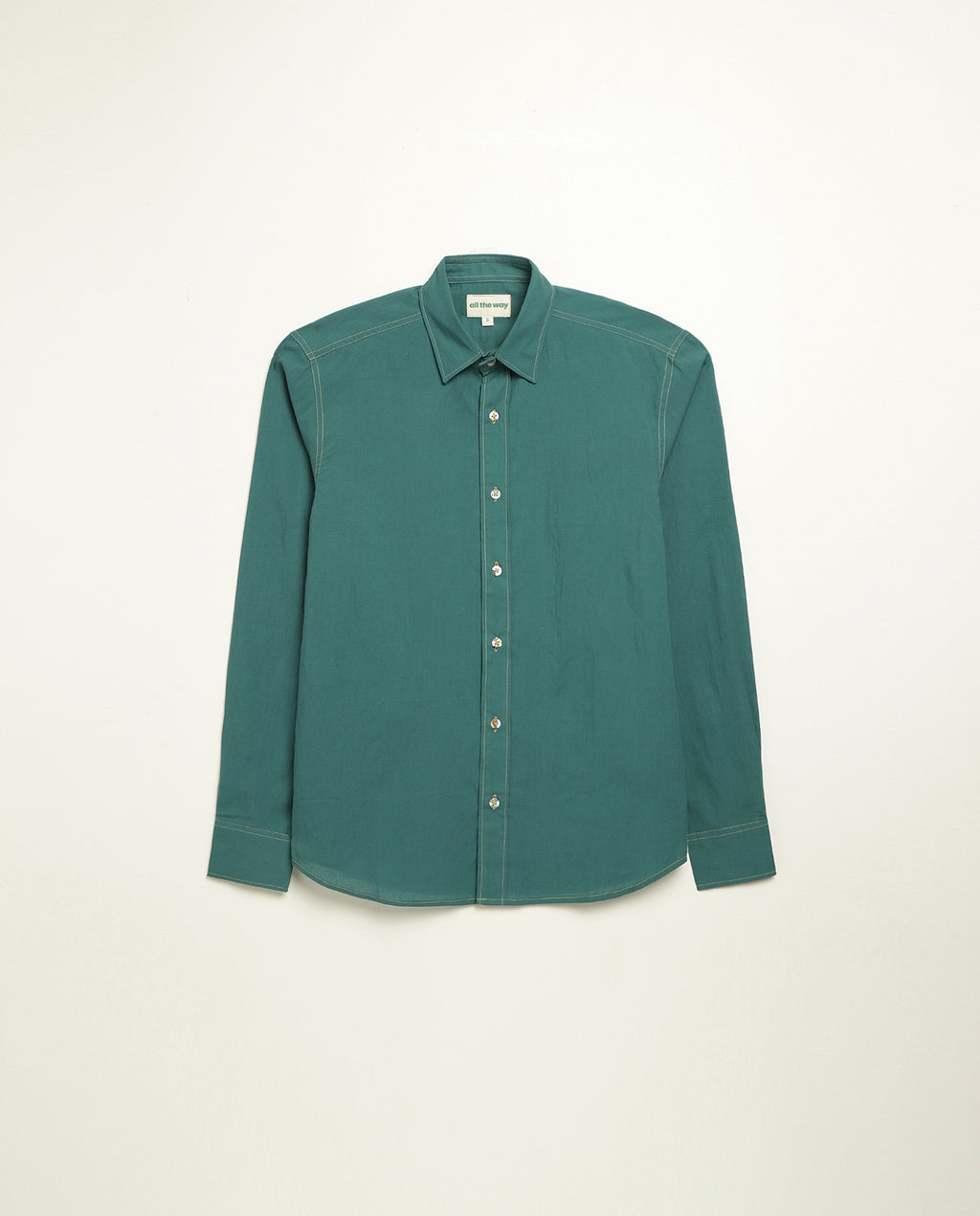 Organic cotton shirt naturally dyed in old forest green, front view, lightweight