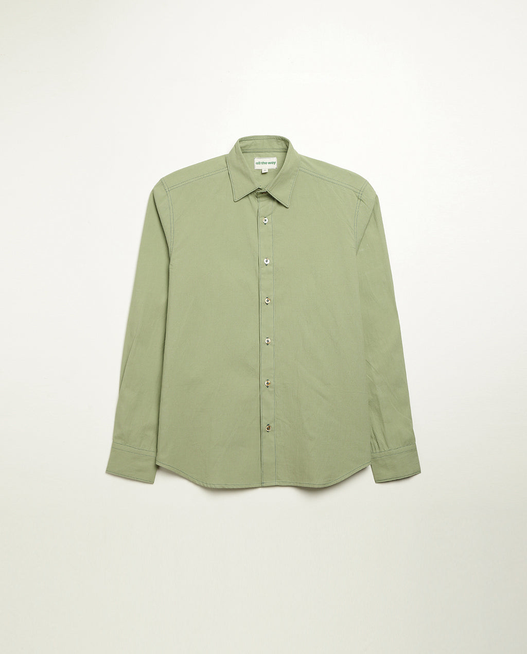 Organic cotton shirt naturally dyed in unripe olive, front view, midweight