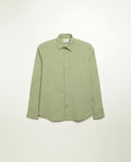 Organic cotton shirt naturally dyed in unripe olive, front view, midweight