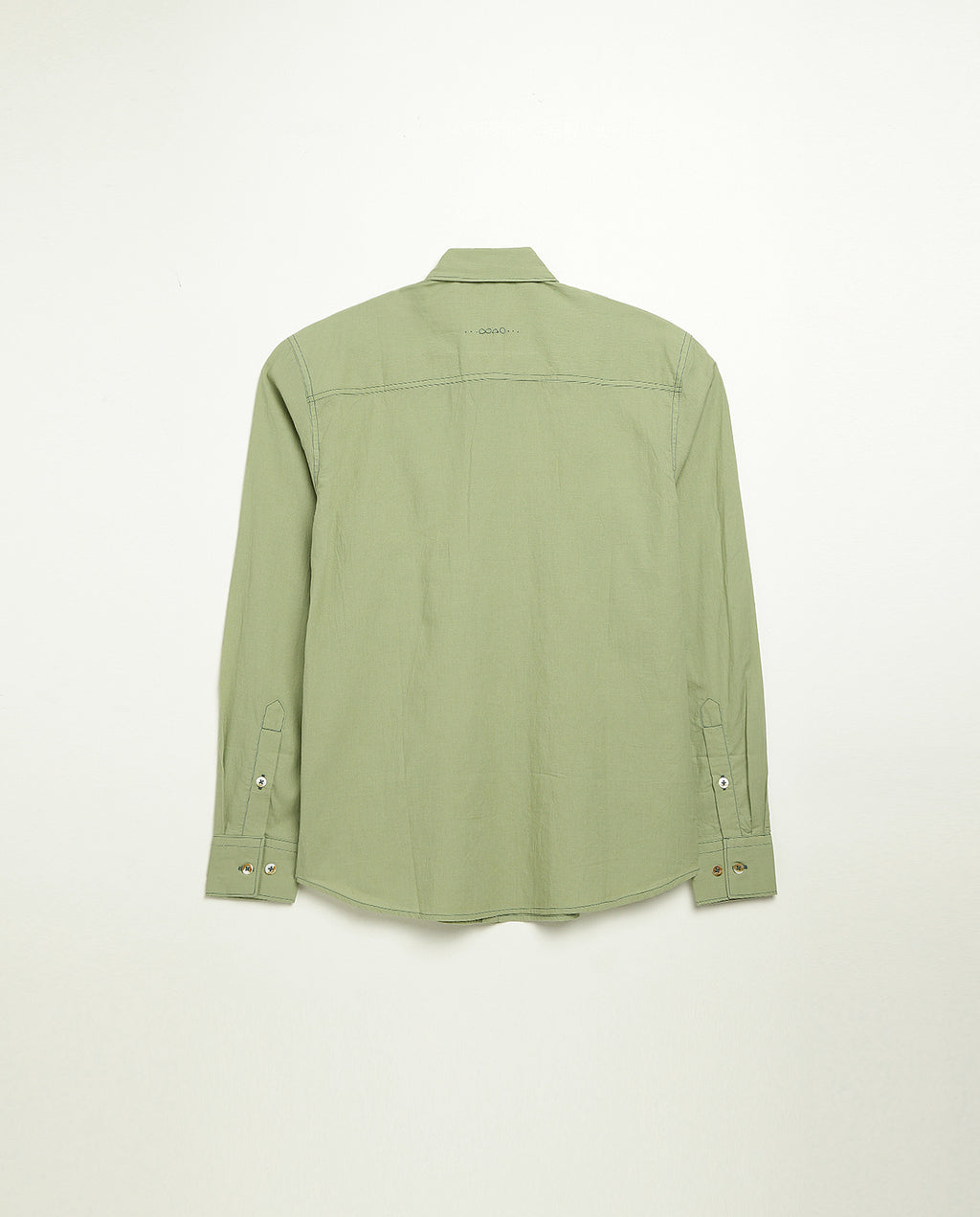 Organic cotton shirt naturally dyed in unripe olive, back view, lightweight