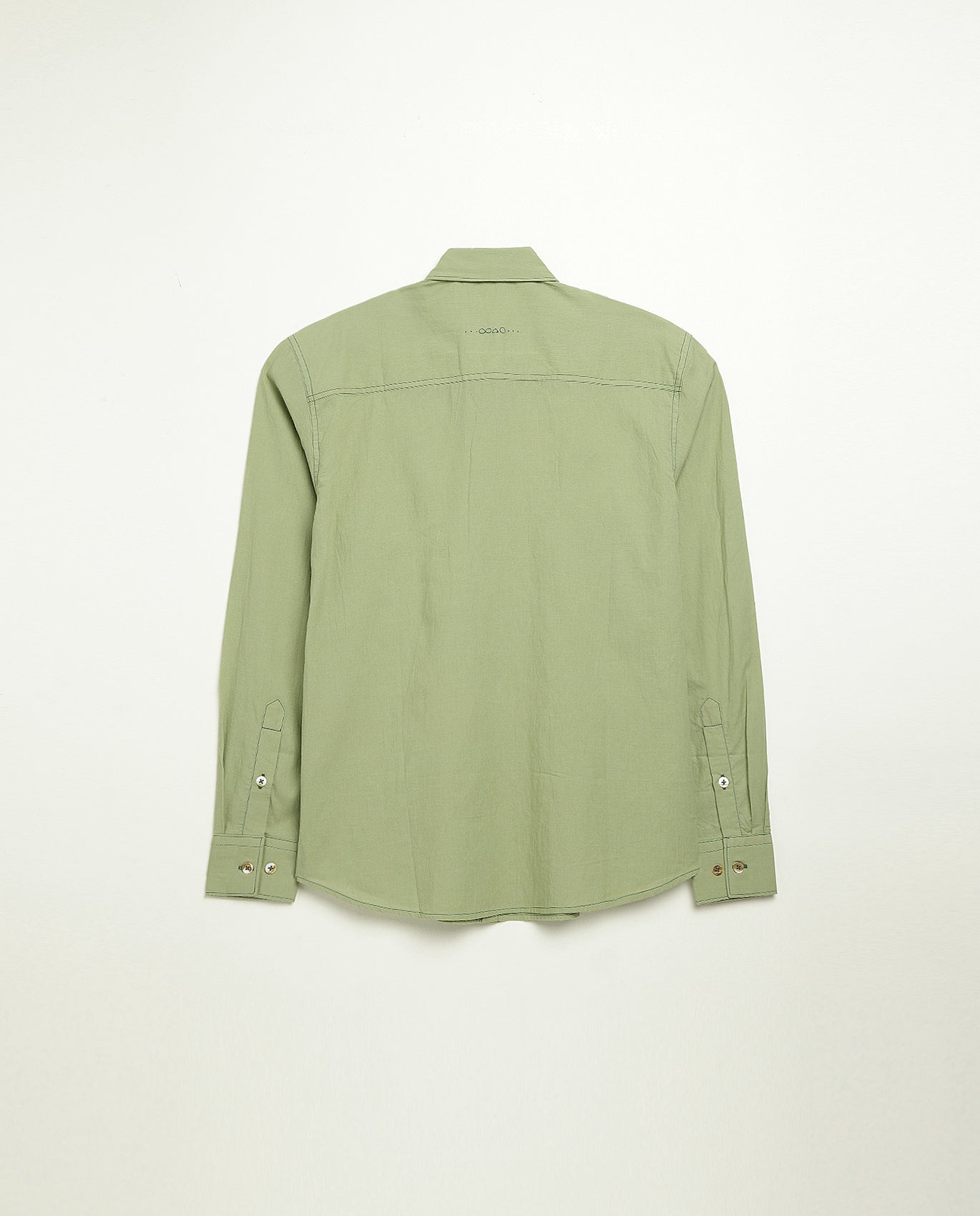 Organic cotton shirt naturally dyed in unripe olive, back view, lightweight