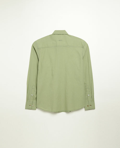 Organic cotton shirt naturally dyed in unripe olive, back view, lightweight