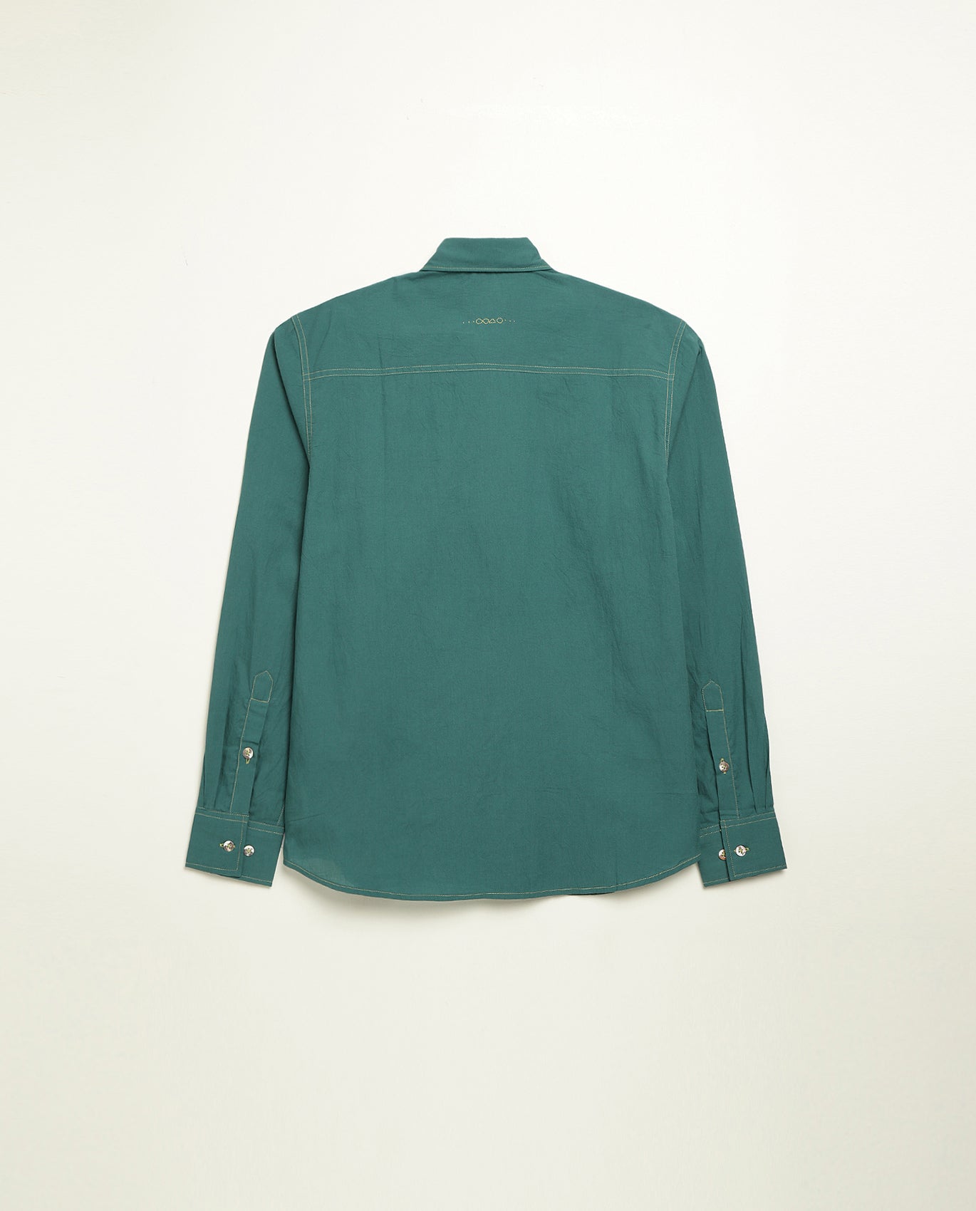 Organic cotton shirt naturally dyed in old forest green, back view, lightweight