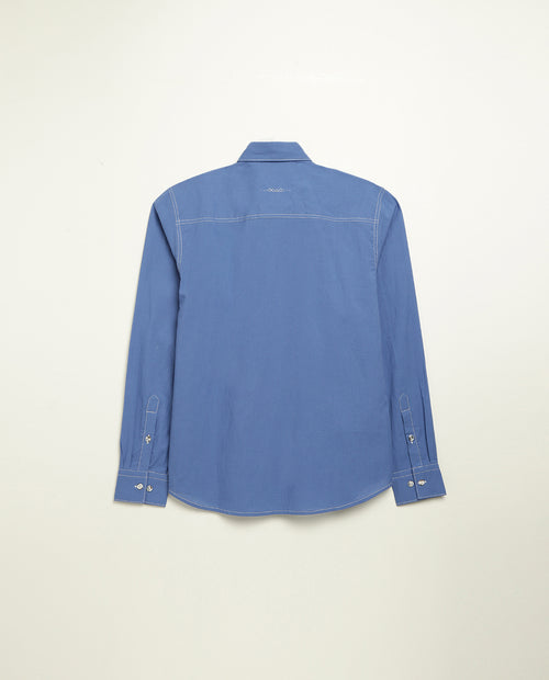 Organic cotton shirt naturally dyed in quiet blue, back view, lightweight
