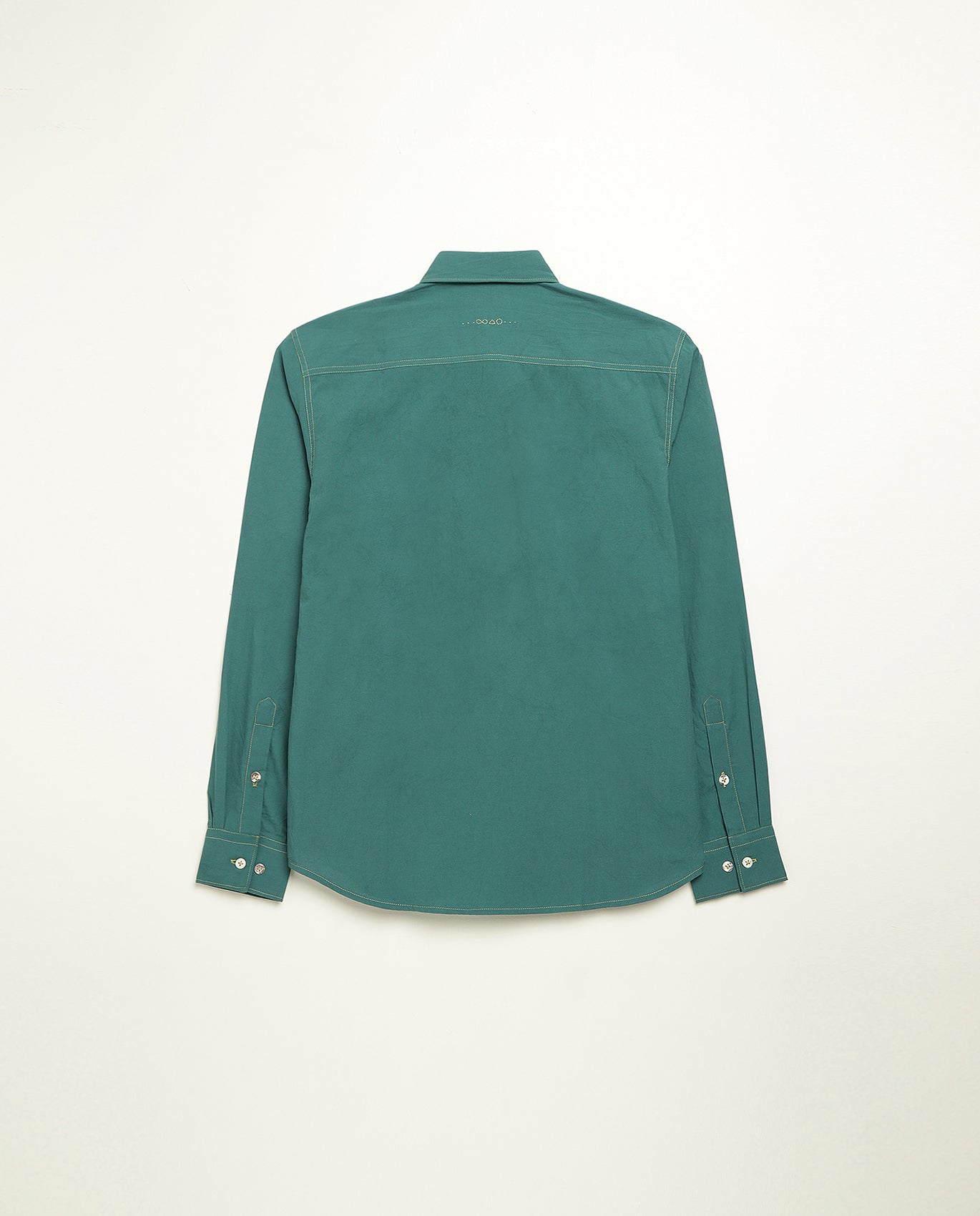 Organic cotton shirt naturally dyed in old forest green, back view, midweight