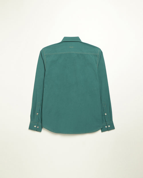 Organic cotton shirt naturally dyed in old forest green, back view, midweight