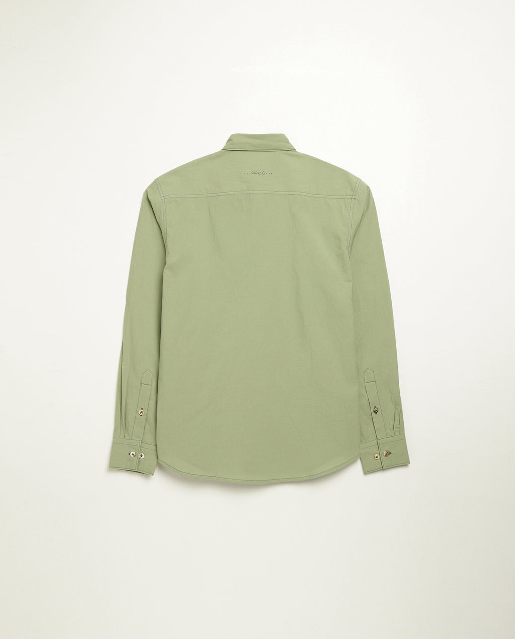Organic cotton shirt naturally dyed in unripe olive, back view, midweight