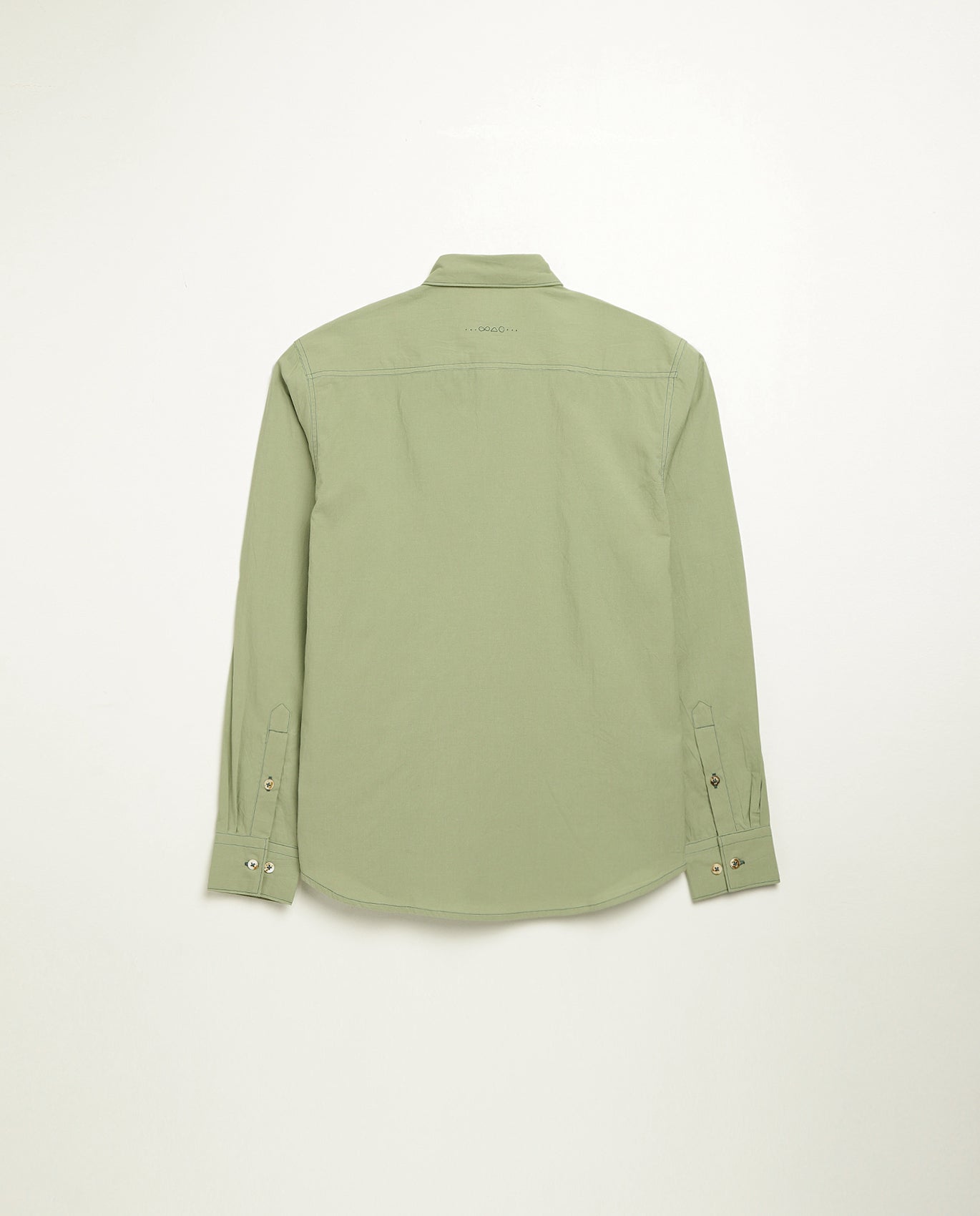 Organic cotton shirt naturally dyed in unripe olive, back view, midweight